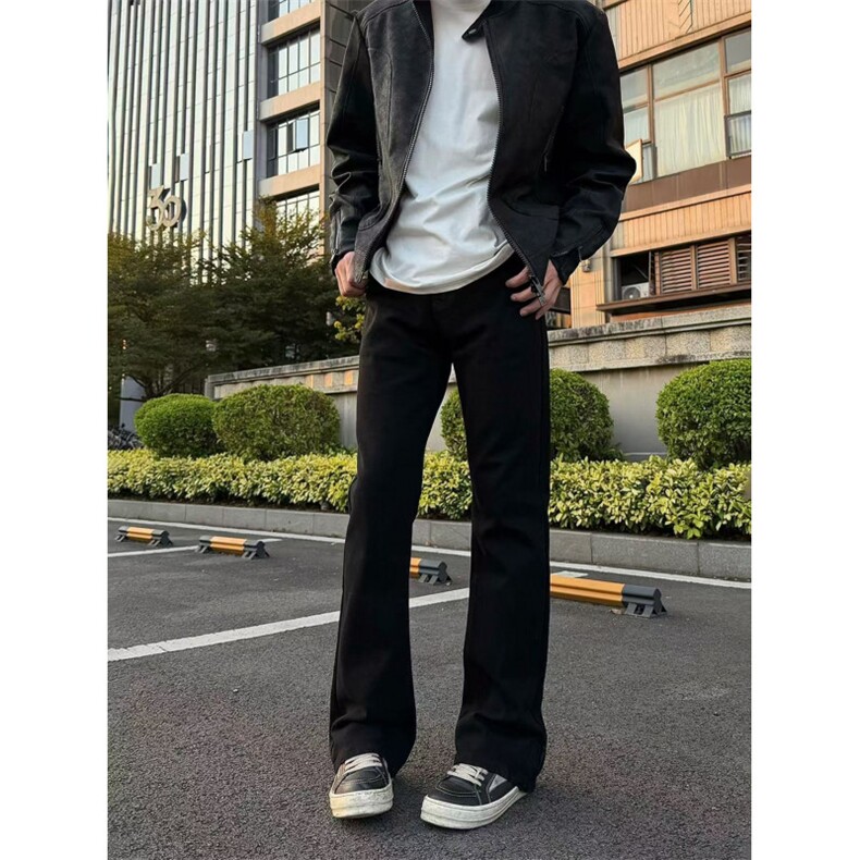 美式弯刀黑牛仔男女款春秋款高街微喇裤修身显瘦弹力裤H6248 P37图片