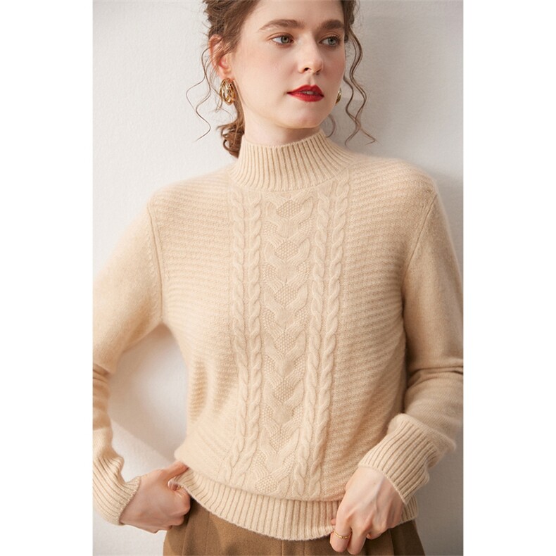 2025年秋季常规款套头舒适时尚百搭通勤半高中间绞花，女装针织衫/毛衣，宛咚羊绒