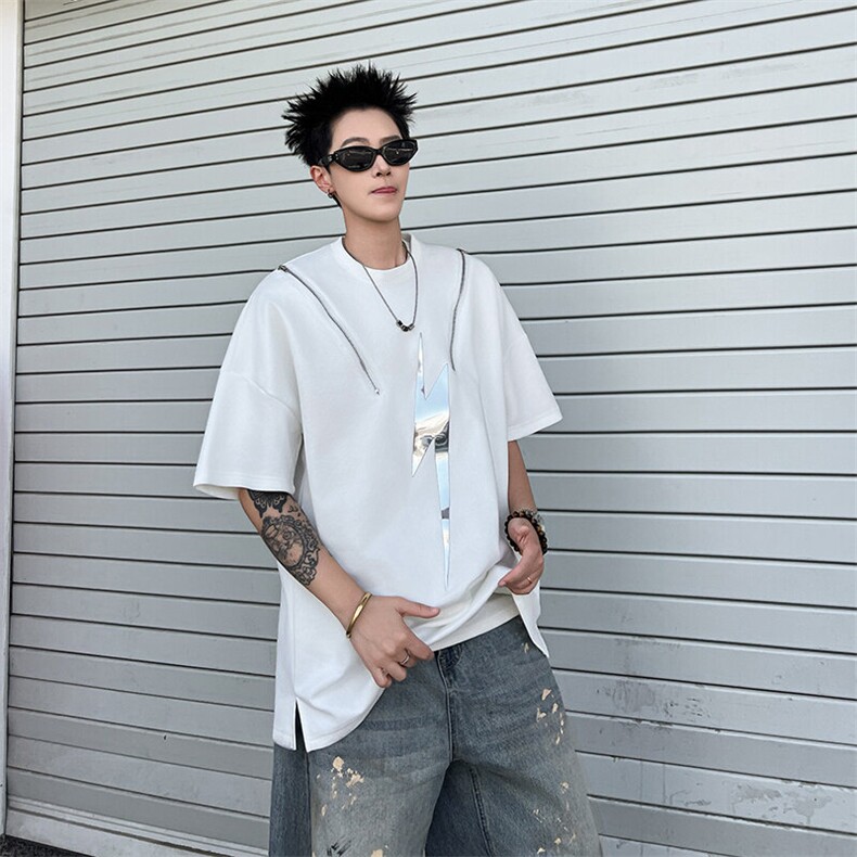 2025新款嘻哈高街重磅圆领拉链半袖t恤设计感短袖现货T1857-P32,男装T恤,星座512-3