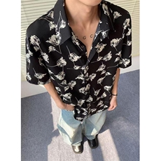 网图！港风复古印花夏季男款衬衫日系宽松衬衣-EX50995-特批30，男装衬衫，电商A061