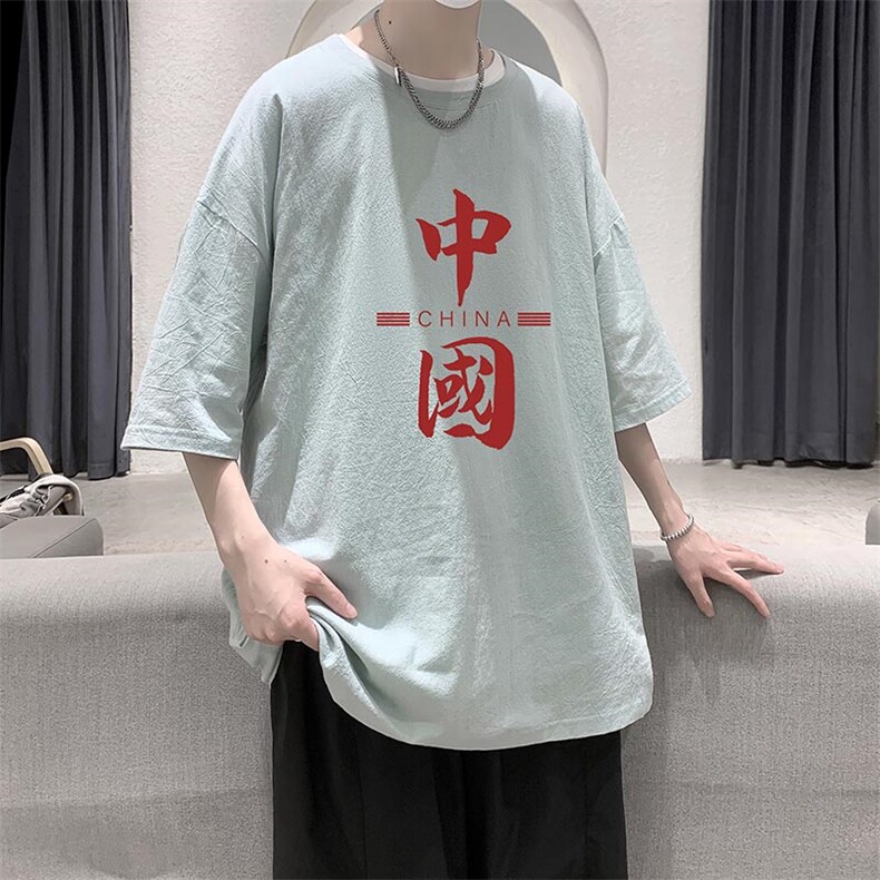 YT26198-P30亚短袖t恤男大码五分袖男宽松七分袖港风模特,男装T恤,电商A040