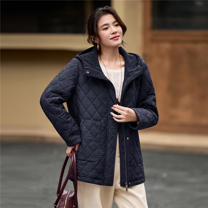 2025年冬季中长款连帽夹棉菱格棉衣棉服外套,女装棉衣/棉服,简韵佳
