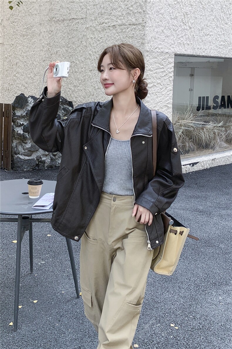 短款夹克新潮棕色长袖2025秋上衣机车服Pu皮外套女高级感显瘦外套,女装短外套,意芙