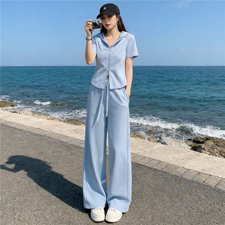 女夏季高级感休闲运动套装蕾丝连帽拉链开衫短袖卫衣阔腿裤两件套,女装套装/套裙,江南