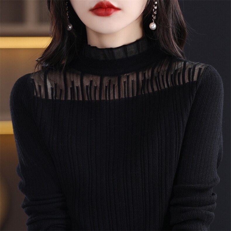 正品简织禾100纯羊绒衫女新款蕾丝拼接时尚长袖羊毛针织打底衫薄,针织衫/毛衣,暖烁羊绒