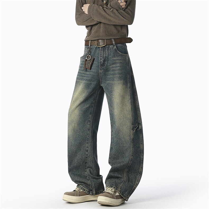 美式拼接弯刀牛仔裤潮牌新款宽松直筒阔腿复古长裤子，男装牛仔裤，星座1504（原917）