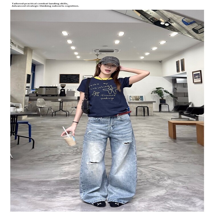 美式复古宽松破洞竹节棉弯刀牛仔裤女街头cleanfit阔腿长裤潮,女装牛仔裤,星座218-8