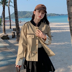 卡其色短风衣女春秋2024新款设计感抽绳收腰漂亮外套气质名媛上衣，女装短外套，帛香坊