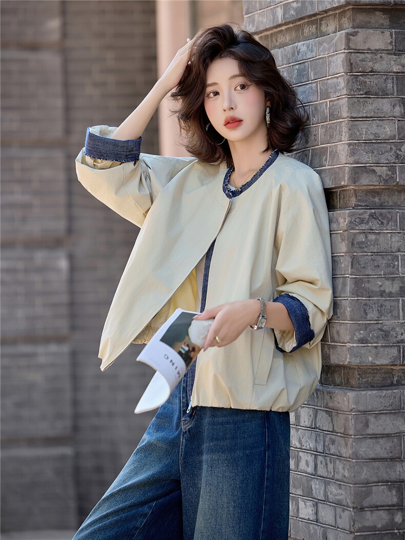2025秋季新款牛仔拼接宽松遮肉夹克外套,女装短外套,深水步