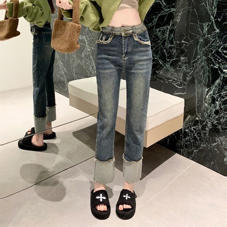 直筒牛仔裤女2025春秋高腰弹力宽松显瘦复古小个子卷边裤九分裤子,男装牛仔裤,星座1210-1