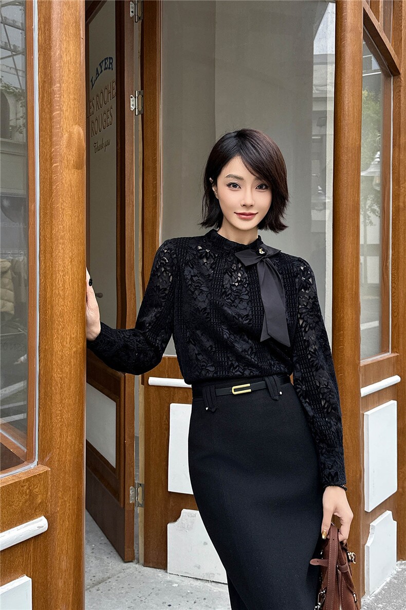 2025秋冬转新款百搭蕾丝法式蝴蝶结长袖小衫高级感上衣打底衫,女装蕾丝衫/雪纺衫,2C091