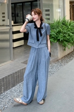 撞蓝色蝴蝶结小香风套装2025新款女初夏法式高级感大方得体两件套，女装套装/套裙，2C159