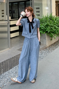 撞蓝色蝴蝶结小香风套装2025新款女初夏法式高级感大方得体两件套图片