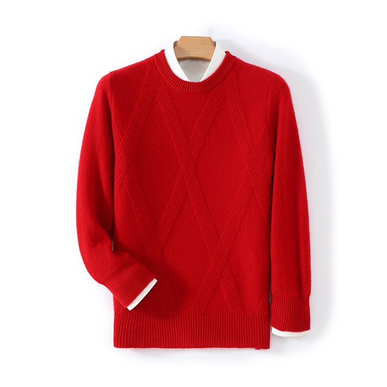 秋冬季100%纯羊毛衫男士圆领席编提花加厚毛衣宽松羊绒衫打底上衣，男装羊毛衫，德晨羊绒