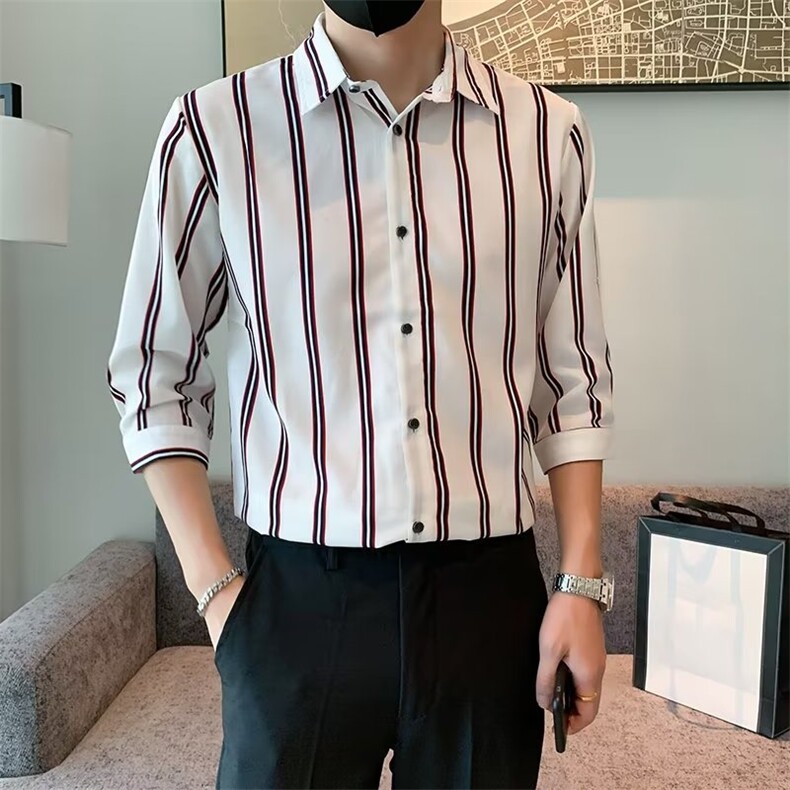百搭衬衫标准简约ins条纹春季潮男原宿新款七分袖潮流C156-1,男装衬衫,星座1116A-2（原606A-1）