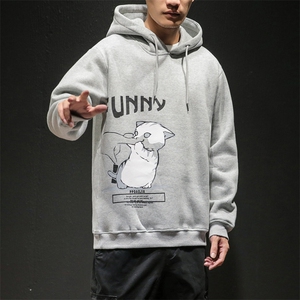 2019冬季新款黑墙日系大码男猫咪印花加绒加厚连帽卫衣W6351-P60图片