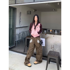美式街头高街宽松直筒军绿色工装牛仔裤大码女装高腰阔腿裤显瘦潮图片
