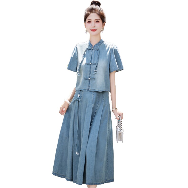 新中式国风牛仔套装裙女2025年夏季新款复古盘扣半身裙时尚两件套,女装套装/套裙,欣品汇