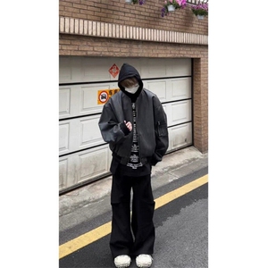 春季新款港风美式潮流原版做旧假两件连帽皮衣夹克ins JK1425-P85图片