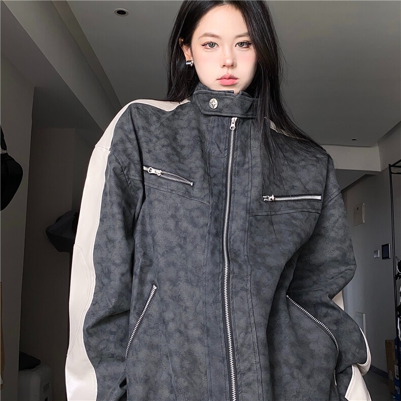 秋冬长袖拼皮垫肩立领机车夹克情侣款美式复古磨砂质感外套上衣图片
