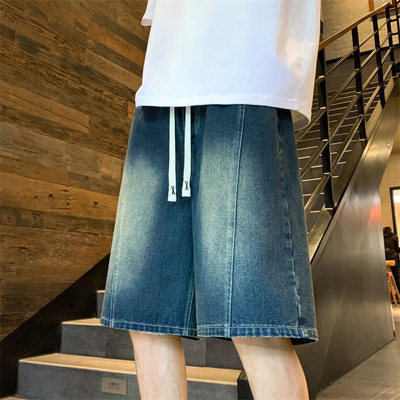 美式复古牛仔短裤男宽松直筒休闲抽绳港风潮流裤子DK8482-特价P32,男装牛仔裤,电商A007