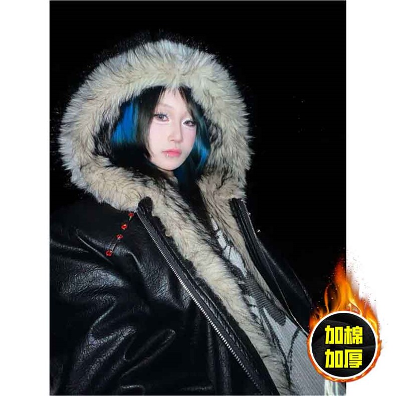 现货冬季美式潮牌痞帅PU皮机车服棉衣毛毛绒狼王座山雕皮棉服，男装棉衣，电商A486-1
