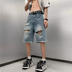 夏季牛仔短裤男破洞美式复古潮牌港风宽松五分裤休闲裤D3110-P33，男装牛仔裤，星座1109-3