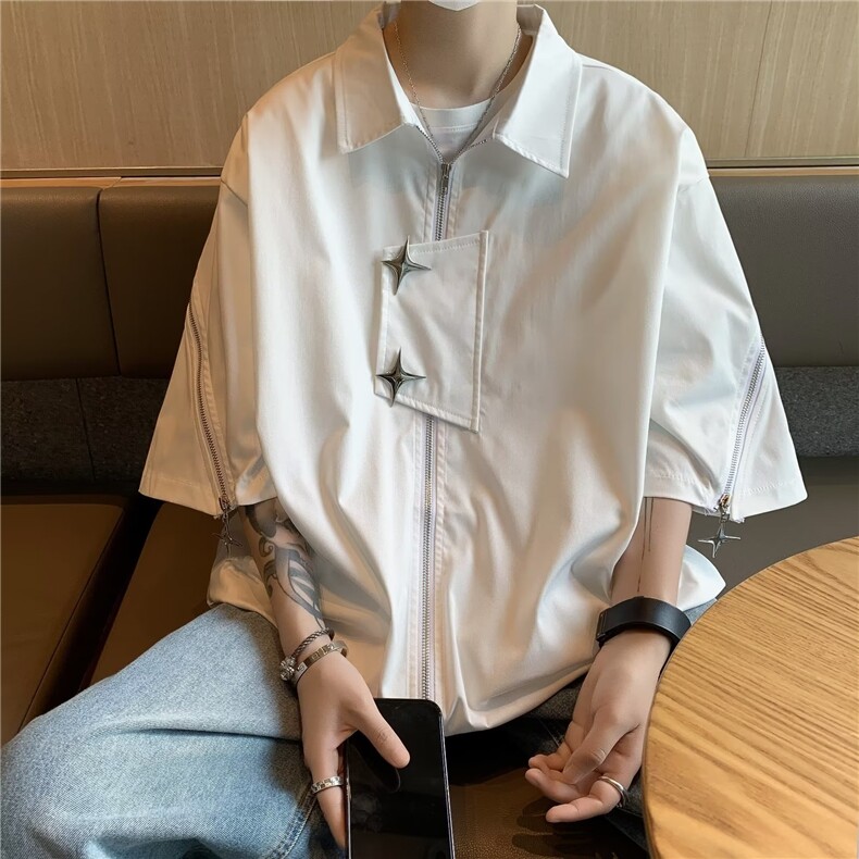 23年小众金属拉链设计感短袖衬衫宽松高级开衫黑衬衣男女夏~C7818图片