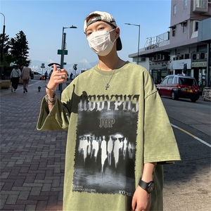 B239-1208-P38 美式 抽象人像个性印花 复古水洗做旧半袖 短袖T恤图片