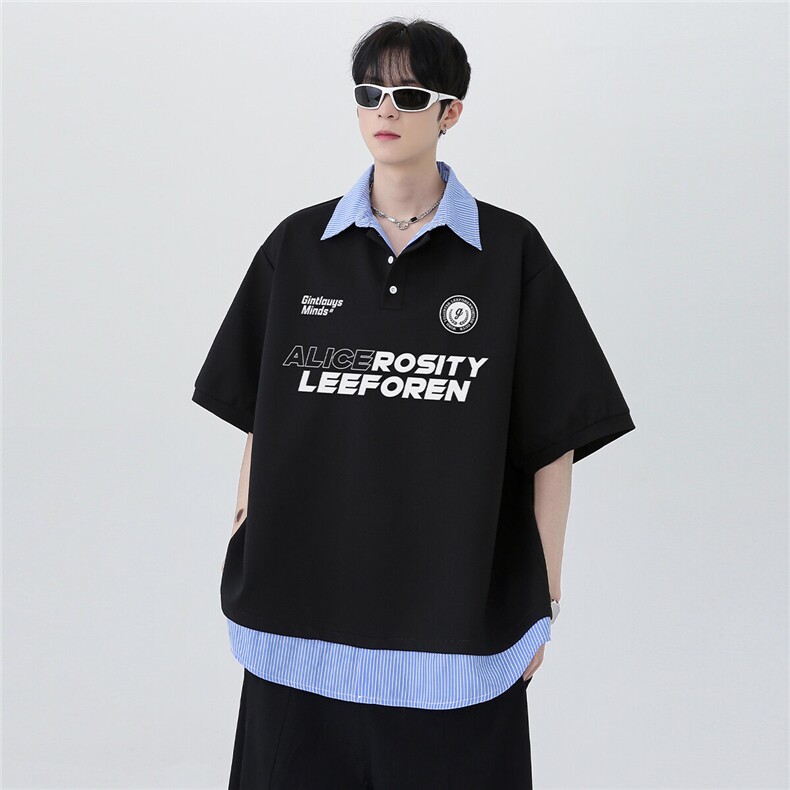 夏季清爽少年感假两件美式复古潮牌设计感POLO衫短袖T恤T282-P48,男装Polo衫,电商C307