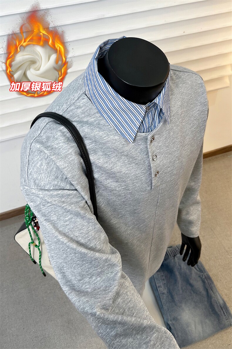 新款银狐绒假两件衬衫领舒适宽松长袖卫衣男W2343J加绒-特P40控78,男装衬衫,电商A001-1