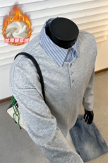 新款银狐绒假两件衬衫领舒适宽松长袖卫衣男W2343J加绒-特P40控78，男装衬衫，电商A001-1