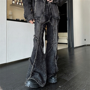 美式高街小众重工做旧流苏垫肩牛仔夹克男春秋毛边微喇牛仔裤套装图片