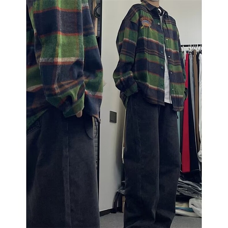 C221-P55日系潮流格子衬衫男宽松潮牌绣花学生加厚重磅衬衣,男装衬衫,电商B323A