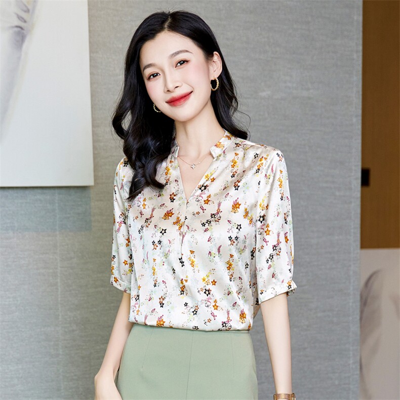 真丝衬衫女装短袖重磅桑蚕丝上衣衬衣大码V领t恤中老年妈妈装夏装,女装衬衫,阿舍尔精品