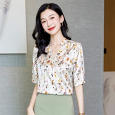 真丝衬衫女装短袖重磅桑蚕丝上衣衬衣大码V领t恤中老年妈妈装夏装，女装衬衫，阿舍尔精品