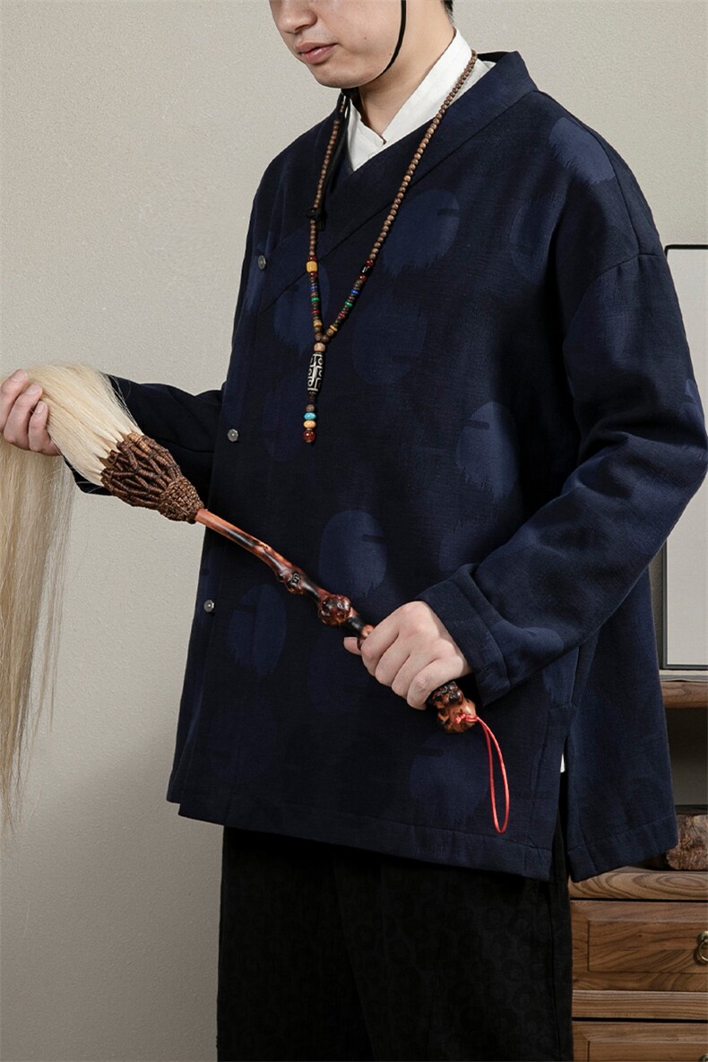新款风男装加绒加厚棉麻提花改良斜襟汉服男士道袍X15P90,男装民族服装,钱塘802