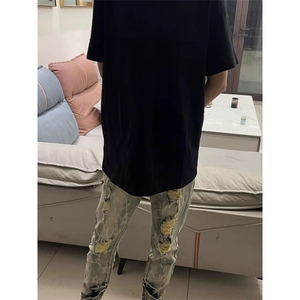 网红同款复古印花五角星牛仔裤男修身直筒欧美个性破Y洞休闲长裤图片