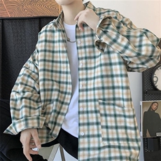 秋装新款长袖衬衫男潮流宽松格子衬衣潮牌港风休闲外套H211/P45，男装衬衫，钱塘713