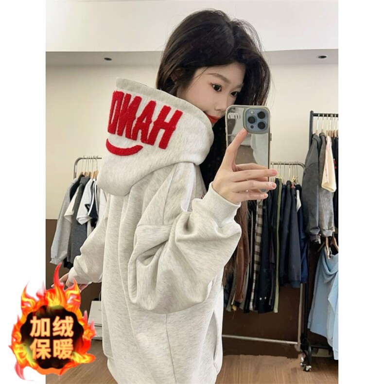 刺绣连帽加绒卫衣男秋冬新款潮牌美式情侣装宽松套头帽衫上衣图片