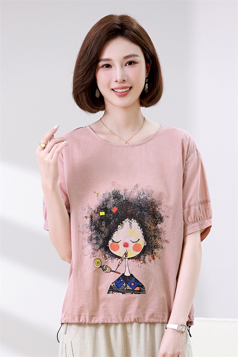 时尚宽松短袖T恤女夏季新款卡通印花上衣百搭休闲女装衬衫,女装衬衫,叶笙衣