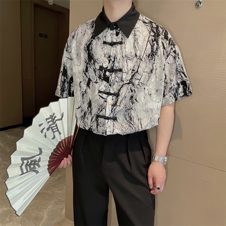 新中式风盘扣扎染短袖衬衫男夏季复古冰丝网红衬衣风CS859P58图片