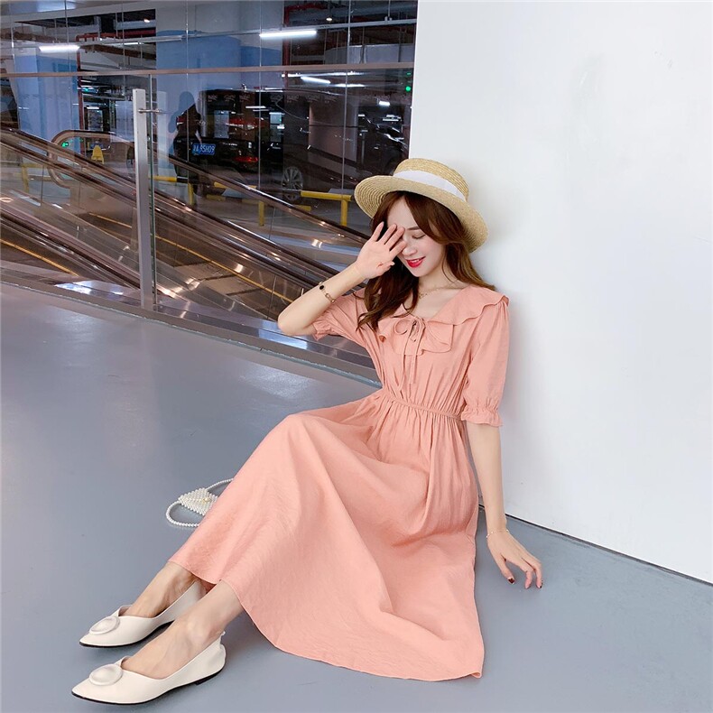 潮流舒适简约个性2021年夏季连衣裙松紧腰圆领中长款,女装连衣裙,辉之琳