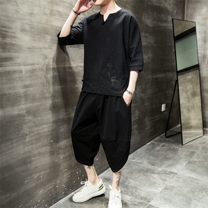 W57 P75 室内风 春夏新款亚麻风大口袋七分套装盘扣刺绣图片