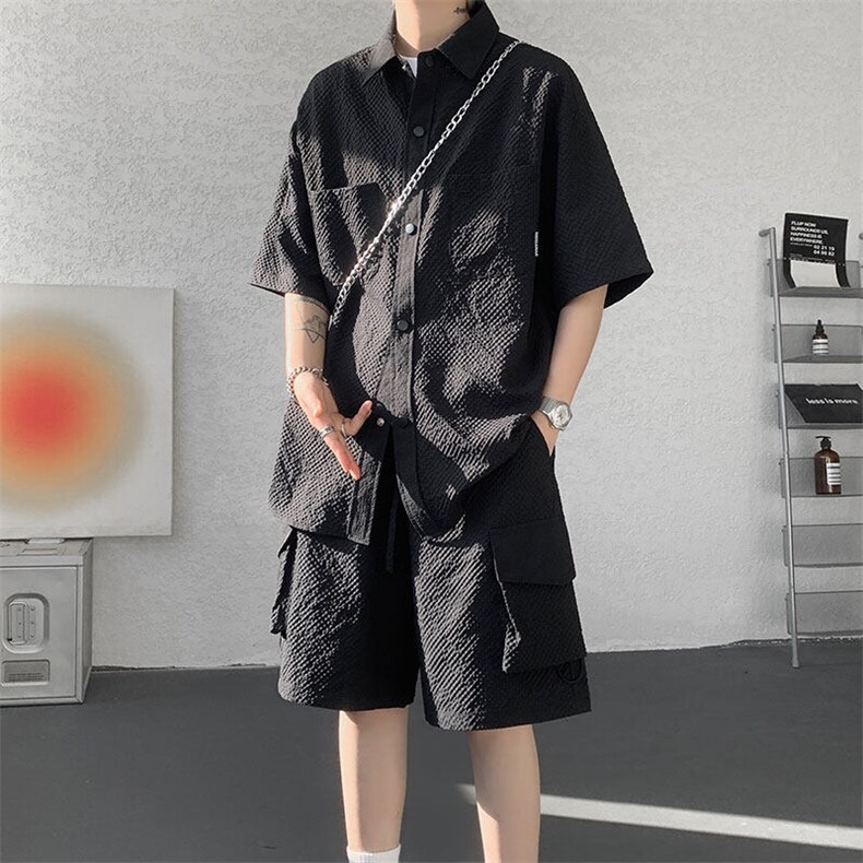 已下单TZ771-特批52控88新款速干肌理感短袖衬衫短裤T恤大码套装,男装休闲套装,电商A059