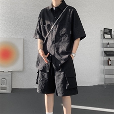 已下单TZ771-特批52控88新款速干肌理感短袖衬衫短裤T恤大码套装，男装休闲套装，电商A059