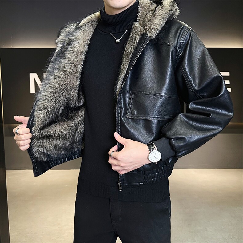 座山雕加绒加厚皮衣连帽外套男士皮毛一体PU皮棉衣B328-6651-P215,男装皮衣,电商B328