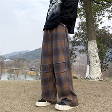 2024春季新款毛呢刺绣格子休闲裤直筒慵懒风阔腿裤现货K7671-P37，男装休闲裤，星座512-3