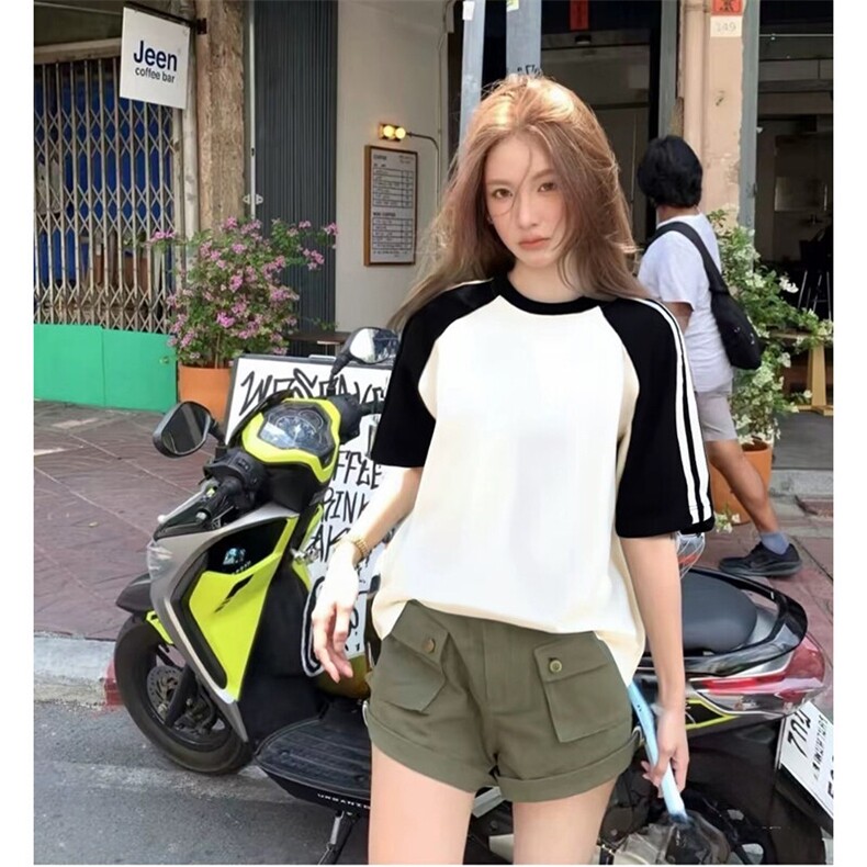 抖音得物品质二开240克宽松纯棉美式潮牌插肩三杠织带短袖T恤，男装T恤，电商A486