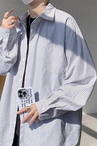 春夏条纹衬衫男长袖薄款痞帅高级感宽松慵懒风大码衬衣CS29003P45图片